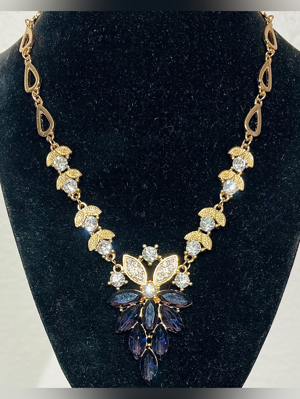 Vintage Gold-Tone Purple Crystal Statement Necklace